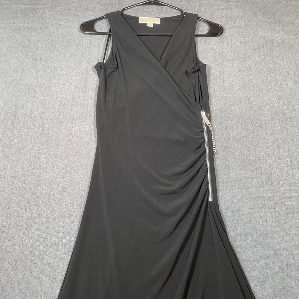 Michael Kors Black Sleeveless Ruched Asymmetrical Hem Dress W/ Chain Womens XS